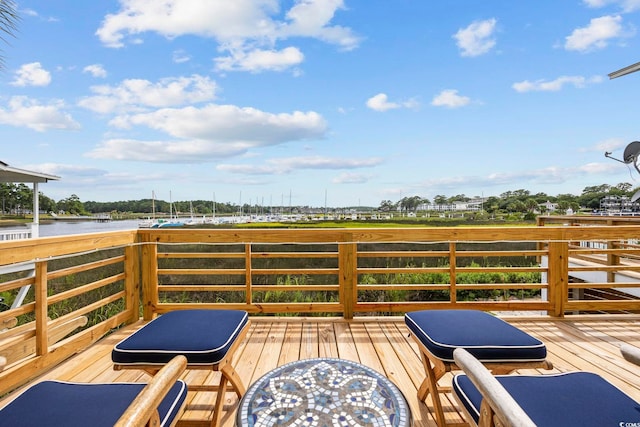 deck featuring a water view