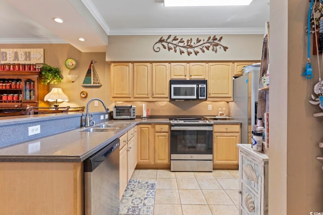 kitchen with ornamental molding, stainless steel appliances, light brown cabinets, and sink