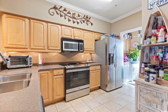 kitchen featuring sink, stainless steel appliances, light brown cabinets, light tile patterned floors, and crown molding