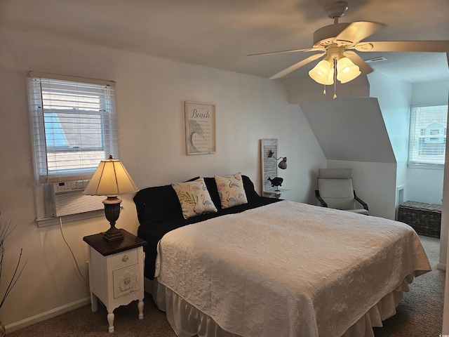 carpeted bedroom featuring cooling unit and ceiling fan