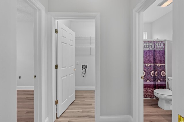 hallway with light hardwood / wood-style floors