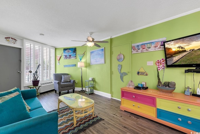 7000 Ocean Blvd N Unit 133, Myrtle Beach, SC 29572 - living room featuring wood finished floors, ceiling fan, a textured ceiling, and ornamental molding