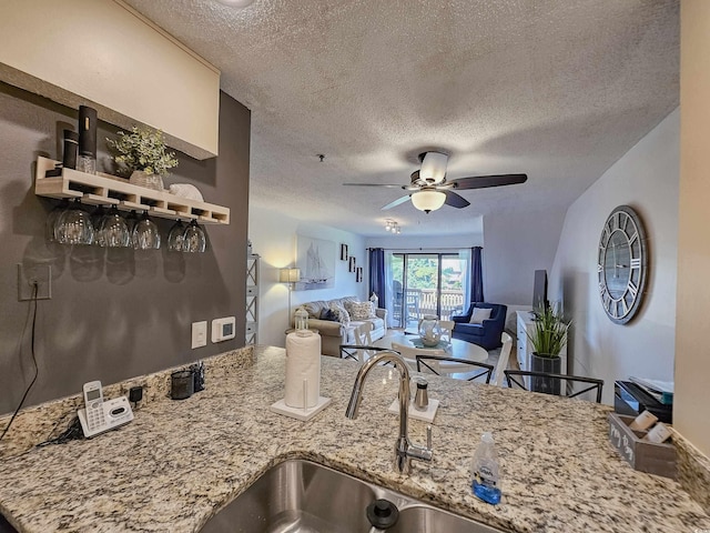 kitchen featuring light stone counters, a textured ceiling, ceiling fan, and sink