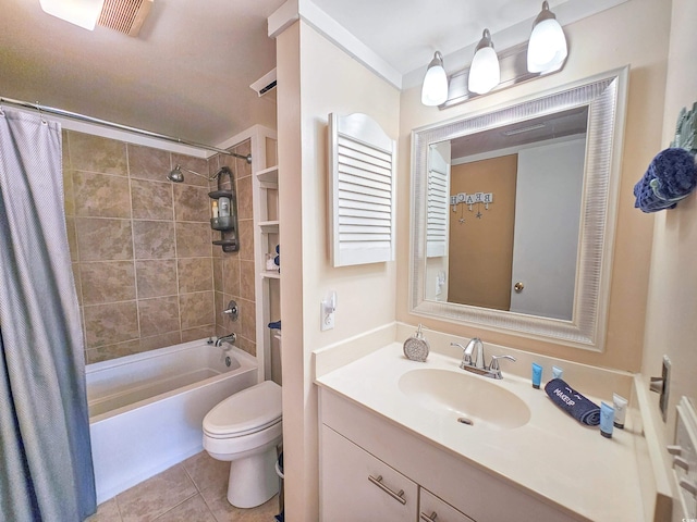 full bathroom featuring vanity, shower / tub combo, toilet, and tile patterned flooring