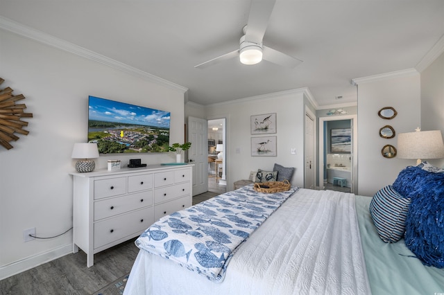 bedroom featuring dark hardwood / wood-style flooring, ornamental molding, connected bathroom, and ceiling fan