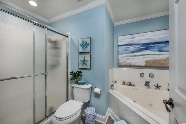 bathroom with ornamental molding, toilet, and independent shower and bath