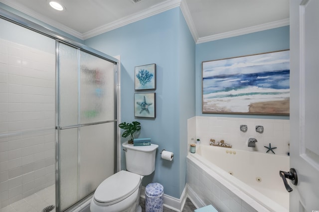 bathroom featuring crown molding, shower with separate bathtub, and toilet