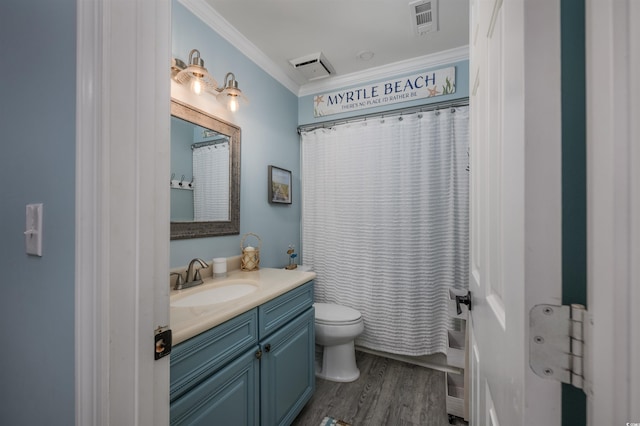 bathroom with hardwood / wood-style floors, ornamental molding, vanity, toilet, and a shower with shower curtain