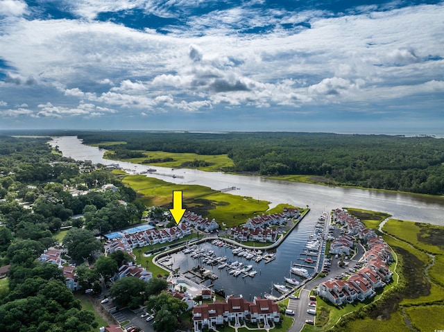 drone / aerial view with a water view