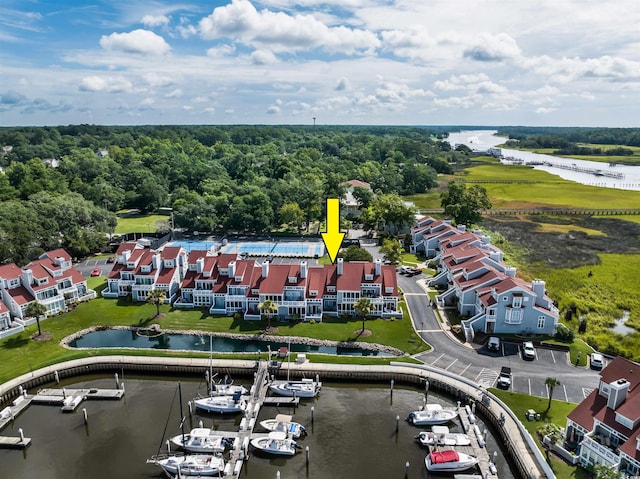 aerial view featuring a water view