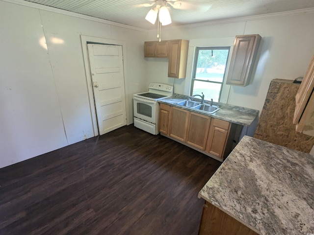 kitchen featuring electric stove, dark wood-style floors, ornamental molding, light countertops, and a sink