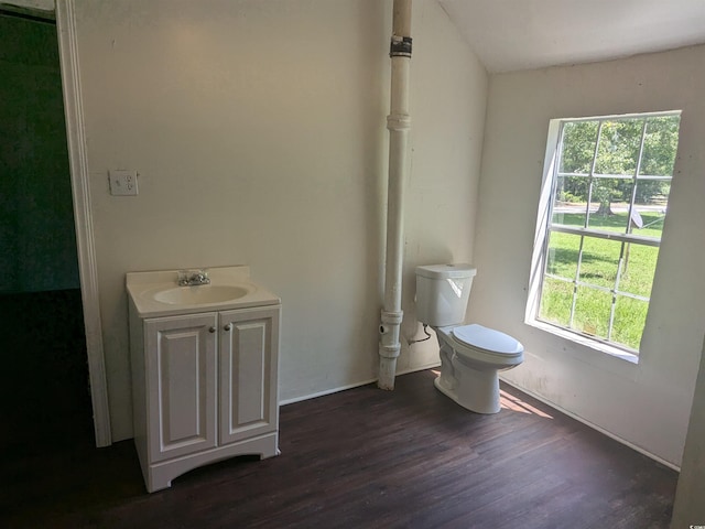 half bath featuring vanity, toilet, and wood finished floors