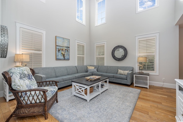 living room featuring a high ceiling and light hardwood / wood-style floors