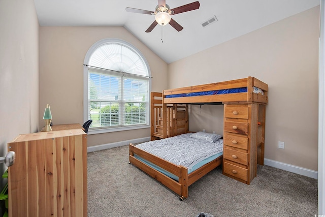 bedroom with lofted ceiling, carpet floors, and ceiling fan