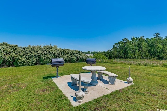 view of home's community with a lawn and a patio area