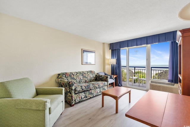 living room featuring light hardwood / wood-style flooring, a water view, and a textured ceiling