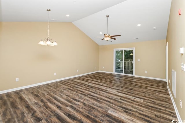 unfurnished living room with high vaulted ceiling, ceiling fan with notable chandelier, and wood-type flooring