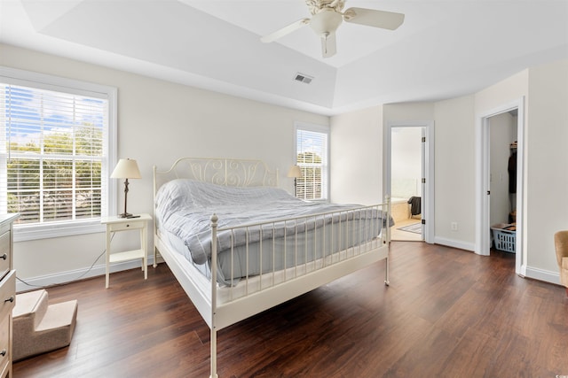 bedroom featuring dark hardwood / wood-style flooring, ensuite bath, multiple windows, and ceiling fan