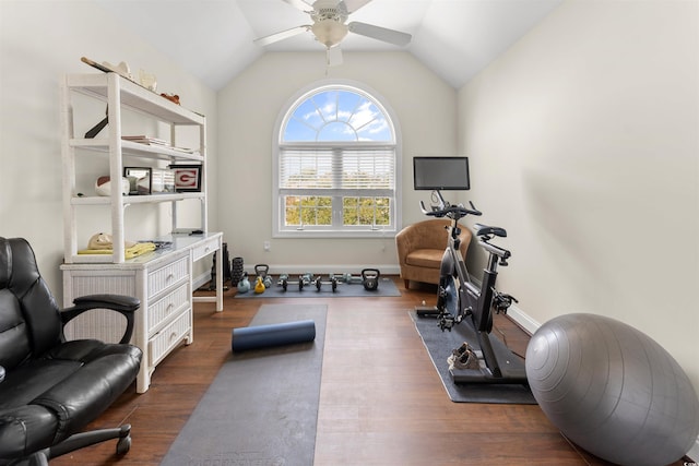 workout area with dark hardwood / wood-style flooring, vaulted ceiling, and ceiling fan