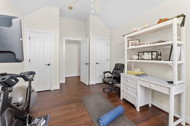 office space featuring lofted ceiling, ceiling fan, and dark hardwood / wood-style floors