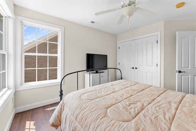 bedroom featuring ceiling fan, a closet, and dark hardwood / wood-style floors