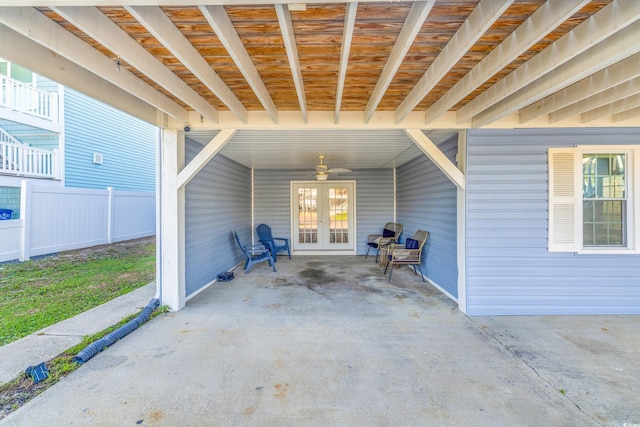 view of patio / terrace featuring ceiling fan and french doors