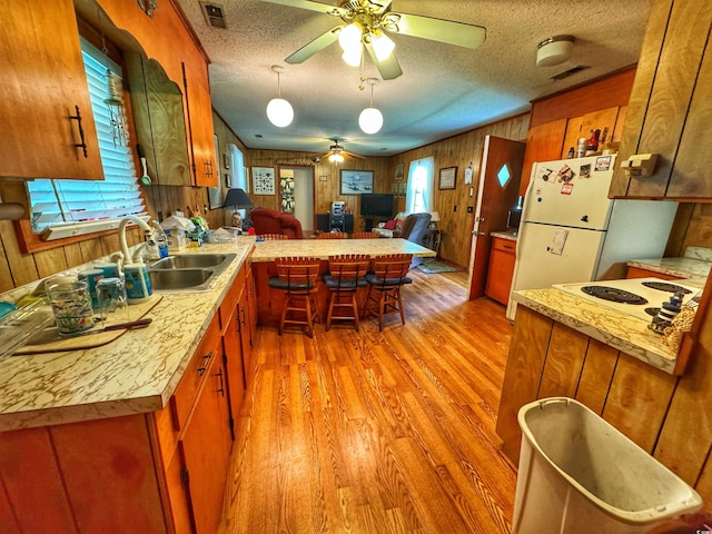 kitchen featuring light wood-style flooring, a sink, visible vents, open floor plan, and light countertops