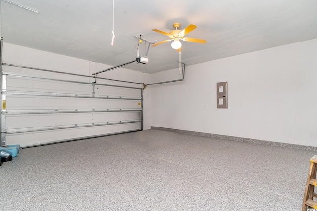 garage featuring ceiling fan, electric panel, and a garage door opener