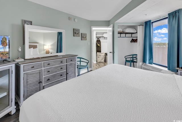 bedroom featuring wood-type flooring, a closet, and a walk in closet