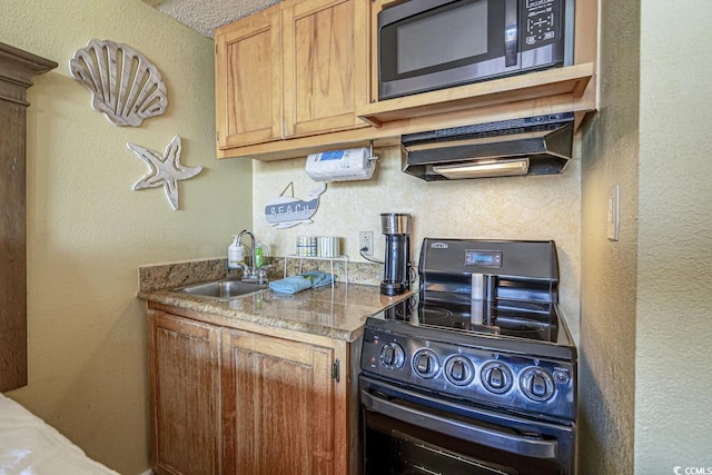 2311 Ocean Blvd S Unit 361, Myrtle Beach, SC 29577 - kitchen with black appliances, under cabinet range hood, and a textured wall