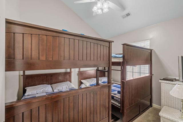 bedroom featuring carpet flooring, multiple windows, and ceiling fan