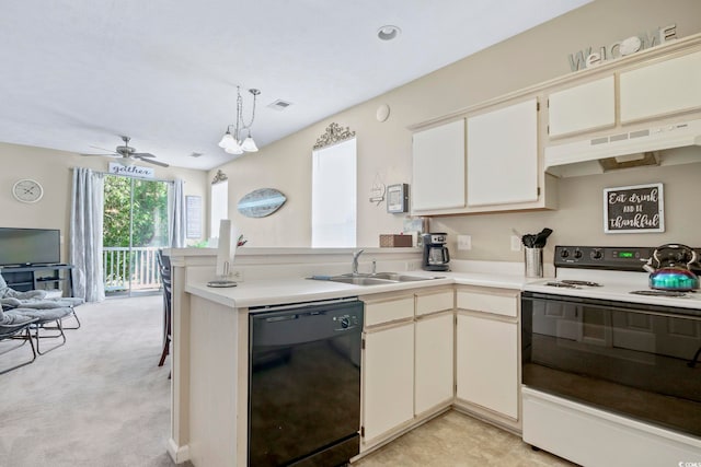 500 River Oaks Dr Unit 58I, Myrtle Beach, SC 29579 - kitchen featuring electric range oven, dishwasher, sink, kitchen peninsula, and light colored carpet