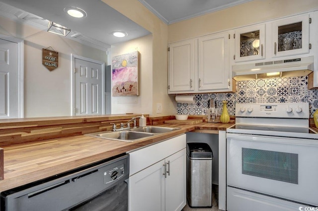 kitchen with white cabinetry, black dishwasher, electric range, and butcher block counters