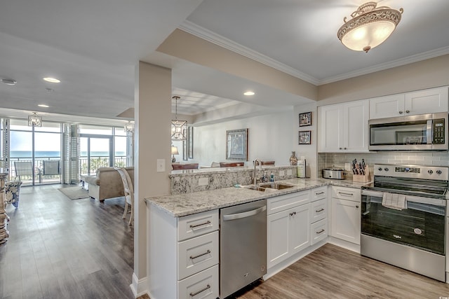 kitchen featuring tasteful backsplash, ornamental molding, a peninsula, stainless steel appliances, and a sink