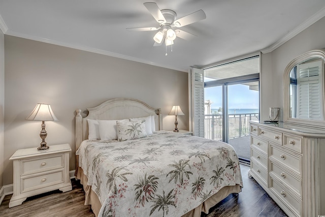 bedroom featuring access to exterior, ceiling fan, dark wood-style floors, and ornamental molding