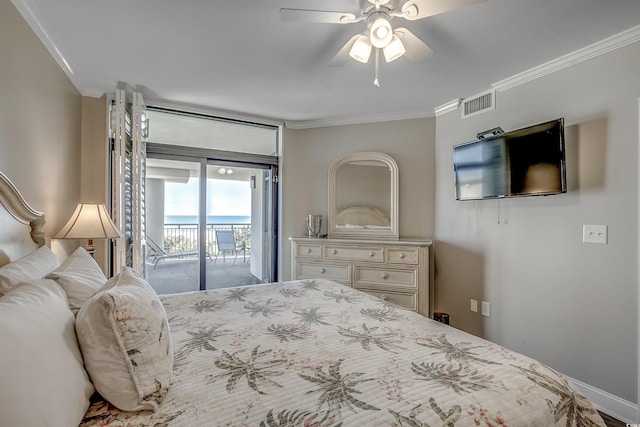 bedroom featuring ornamental molding, access to outside, visible vents, and a ceiling fan