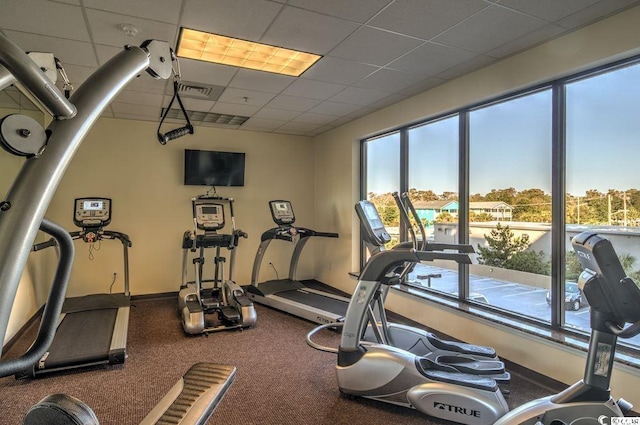 gym with a wealth of natural light, a paneled ceiling, visible vents, and baseboards