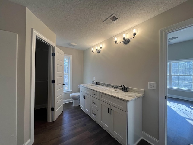 bathroom with vanity, wood-type flooring, a textured ceiling, and toilet