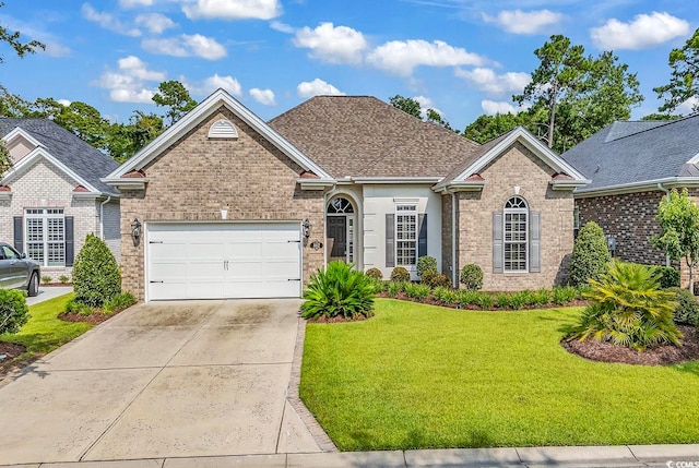 view of front of house with a front lawn and a garage