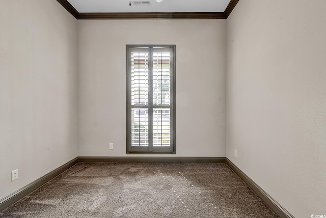 empty room with crown molding and carpet flooring