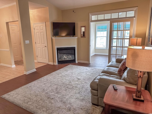 living room featuring wood-type flooring and crown molding