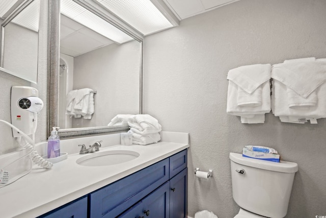 bathroom with toilet, a textured wall, and vanity