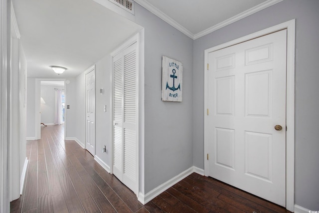 hallway featuring crown molding and dark hardwood / wood-style flooring