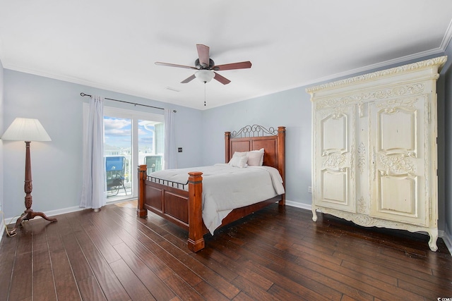 bedroom with ornamental molding, dark wood-type flooring, access to exterior, and ceiling fan