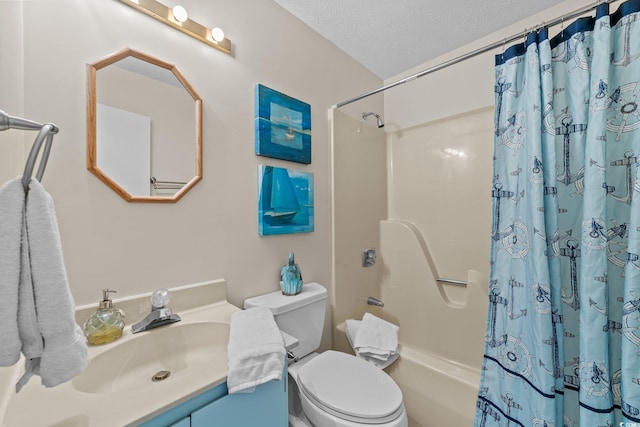 full bathroom with shower / bathtub combination with curtain, a textured ceiling, vanity, and toilet