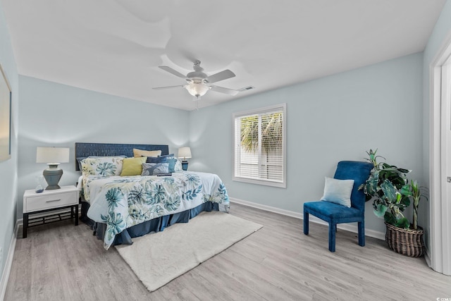 bedroom featuring light hardwood / wood-style flooring and ceiling fan