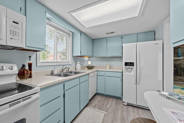 kitchen featuring blue cabinetry, sink, light hardwood / wood-style floors, and white appliances