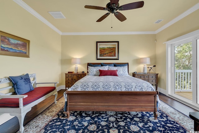 bedroom with access to outside, crown molding, hardwood / wood-style floors, and ceiling fan