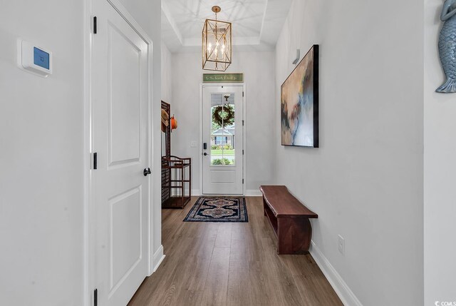 entryway with an inviting chandelier, a raised ceiling, and hardwood / wood-style floors