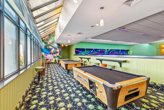 playroom featuring visible vents, pool table, carpet, and a wainscoted wall